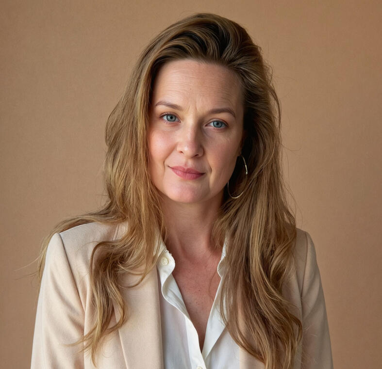 Picture of Elizabeth, a white Irish, blonde-haired 50-year-old woman wearing a peach-coloured jacket and a white shirt, against a light brown background.